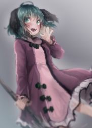 Rule 34 | 1girl, animal ears, blush, broom, cowboy shot, dog ears, dress, green eyes, green hair, grey background, kasodani kyouko, looking to the side, nooca, open mouth, short hair, shouting, simple background, sketch, solo, touhou
