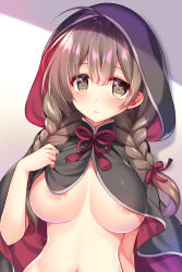 Rule 34 | 1girl, ahoge, blush, braid, breasts, brown eyes, brown hair, cloak, commentary request, covering privates, hair between eyes, highres, holding, holding clothes, hood, hooded cloak, kantai collection, looking at viewer, medium breasts, medium hair, navel, nipples, nude cover, ringo sui, see-through, shinshuu maru (kancolle), simple background, solo, twin braids