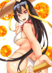 Rule 34 | 1girl, absurdres, ass, bead necklace, beads, bikini, black hair, breasts, fate/grand order, fate (series), food, fruit, hair between eyes, hair ornament, haneramu, hat, highres, jewelry, large breasts, long hair, looking at viewer, looking back, necklace, open mouth, orange (fruit), orange slice, prayer beads, purple eyes, solo, swimsuit, white bikini, xuangzang sanzang (fate)