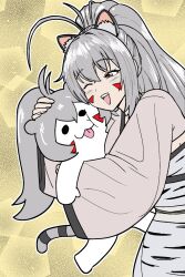 1girl animal_ear_fluff animal_ears animal_print antenna_hair blush breasts brown_dust_(series) brown_dust_2 brown_eyes cheek_press chibi dress eyebrows_hidden_by_hair facial_mark from_side grey_dress grey_hair grey_kimono hair_between_eyes headpat hug japanese_clothes kimono large_breasts lifting_person long_hair looking_at_another multiple_views one_eye_closed open_mouth ponytail simple_background smile solid_circle_eyes tail teeth tiger_ears tiger_girl tiger_print tiger_tail tongue tongue_out upper_body upper_teeth_only very_long_hair waguwagu yellow_background yuri_(brown_dust)