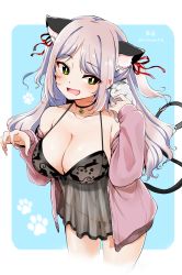 Rule 34 | 1girl, :d, animal, animal ears, animal on shoulder, babydoll, bare shoulders, black panties, blue background, blush, breasts, cat ears, cat girl, cat tail, collarbone, commentary request, facial mark, green eyes, hair ribbon, highres, kirikirimai (kkm), large breasts, light purple hair, lingerie, long hair, looking at viewer, looking to the side, midriff, navel, open mouth, original, panties, paw pose, paw print, paw print background, ribbon, see-through, smile, solo, stomach, tail, thighs, two side up, underwear, wavy hair