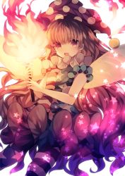 Rule 34 | 1girl, american flag dress, american flag legwear, bad id, bad pixiv id, blonde hair, clownpiece, dress, fairy wings, fire, hat, highres, holding, jester cap, long hair, looking at viewer, namakuby, neck ruff, pantyhose, polka dot, red eyes, short dress, short sleeves, simple background, smile, solo, star (symbol), star print, striped, torch, touhou, very long hair, wavy hair, white background, wings