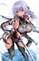 Rule 34 | 1girl, absurdres, bikini, black gloves, blue eyes, clothing cutout, coat, double-parted bangs, eiyuu densetsu, fingerless gloves, gloves, hair between eyes, highres, holding, holding sword, holding weapon, katana, kuro (tbm9187), kuro no kiseki, long hair, looking at viewer, open clothes, open coat, shizuna rem misurugi, smile, solo, standing, standing on liquid, swimsuit, sword, thigh cutout, thighhighs, water, weapon, white hair