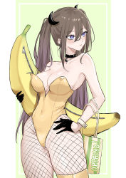 Rule 34 | 1girl, alternate costume, atelier live, breasts, brown hair, cleavage, expulse, fishnets, hand on own hip, highres, holding, holding stuffed toy, leotard, looking to the side, medium breasts, nanatsuki nana, pantyhose, playboy bunny, purple eyes, solo, stuffed banana, stuffed toy, symbol-only commentary, twintails, virtual youtuber, wide hips