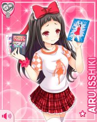 Rule 34 | 1girl, black hair, book, bow, character name, closed mouth, cowboy shot, diamond pattern, girlfriend (kari), hair bow, holding, holding book, isshiki airu, leggings, long hair, looking to the side, official art, pink background, plaid, plaid skirt, print shirt, qp:flapper, red bow, red eyes, red skirt, school uniform, shirt, skirt, smile, socks, tagme, thighhighs, white shirt, white socks, white thighhighs