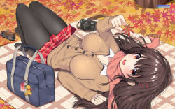 Rule 34 | 1girl, :d, artist name, bag, black pantyhose, blush, breasts, brown eyes, brown pantyhose, camera, cardigan, cleavage, game-style, hair ornament, hairclip, highres, impossible clothes, large breasts, leaf, loafers, long hair, looking at viewer, lying, mataro (matarou), on back, open mouth, original, pantyhose, plaid, plaid skirt, pleated skirt, school bag, school uniform, shoes, unworn shoes, skirt, sleeves past wrists, smile, solo, wallpaper, watermark