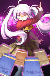 Rule 34 | ahoge, black thighhighs, blazer, book, bow, glasses, glowing, jacket, long hair, lowres, outstretched arms, pink hair, plaid, plaid skirt, pleated skirt, red eyes, ribbon, school uniform, scrunchie, skirt, solo, sword girls, thighhighs, twintails, wooni