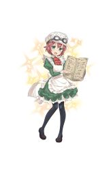 Rule 34 | 1girl, :d, aqua eyes, black footwear, dress, full body, goggles, goggles on headwear, green dress, hair ornament, hat, highres, maid, menu, official art, open mouth, pantyhose, princess principal, princess principal game of mission, red hair, shoes, short hair, smile, solo, standing, tina flywheel, transparent background, white hat, x hair ornament