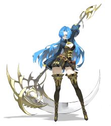 1girl absurdres arowana2111 blue_hair bow bowtie breasts dress highres holding holding_scythe holster huge_weapon kneehighs long_hair long_sleeves medium_breasts original scythe simple_background socks solo standing thigh_holster weapon white_background yellow_bow yellow_bowtie