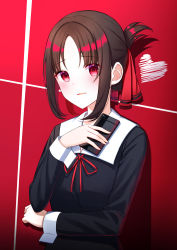 Rule 34 | 1girl, absurdres, black dress, black hair, blush, breasts, commentary request, dress, folded ponytail, hair ribbon, heart, highres, holding, holding phone, kaguya-sama wa kokurasetai ~tensai-tachi no renai zunousen~, long sleeves, looking at viewer, open mouth, parted bangs, phone, red background, red eyes, red ribbon, ribbon, school uniform, shinomiya kaguya, short hair, shuuchiin academy school uniform, shyaka, sidelocks, simple background, small breasts, smile, solo