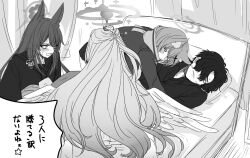 Rule 34 | 1boy, 3girls, angel wings, animal ear fluff, animal ears, bed, blue archive, character request, feathered wings, greyscale, halo, highres, inotukuhito, long hair, mika (blue archive), monochrome, multiple girls, on bed, pile, scarf, sensei (blue archive), shiroko (blue archive), short hair, translation request, wakamo (blue archive), wings