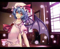 Rule 34 | 1girl, arched back, arms behind back, ascot, bad id, bad pixiv id, bat wings, blue hair, brooch, fireplace, framed, hat, hat ribbon, hoge (camyu), indoors, jewelry, letterboxed, light particles, looking at viewer, midriff, mob cap, parted lips, puffy short sleeves, puffy sleeves, red eyes, remilia scarlet, ribbon, short hair, short sleeves, skirt, skirt set, slit pupils, solo, touhou, window, wings