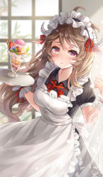 Rule 34 | 1girl, absurdres, ahoge, alternate costume, animal ears, apron, arknights, black dress, blush, breasts, brown hair, chinese commentary, collared dress, commentary request, cowboy shot, cup, dress, enmaided, eyjafjalla (arknights), frilled apron, frills, hairband, highres, holding, holding tray, horns, humiaojun, lolita hairband, long hair, looking at viewer, maid, maid apron, medium breasts, neck ribbon, puffy short sleeves, puffy sleeves, red eyes, red ribbon, ribbon, sheep ears, sheep girl, sheep horns, short sleeves, signature, solo, standing, tray, very long hair, white apron, wrist cuffs