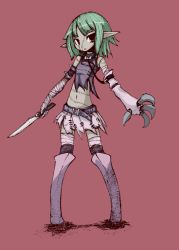 Rule 34 | artist request, belt, knife, midriff, monster girl, pointy ears, red eyes, scar, stitches, zombie