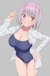 Rule 34 | 1girl, absurdres, blue one-piece swimsuit, breasts, competition school swimsuit, covered navel, cowboy shot, dress shirt, grey background, gridman universe, hand on own hip, highres, large breasts, light purple hair, looking at viewer, one-piece swimsuit, open clothes, open shirt, red eyes, salute, school swimsuit, shinjou akane, shirt, sho (shoshos 8888), short hair, simple background, smile, solo, ssss.gridman, swimsuit, white shirt