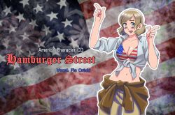 Rule 34 | 1girl, america (hetalia), artist name, axis powers hetalia, blonde hair, blue eyes, blush stickers, breasts, character name, cleavage, copyright name, flag background, gender request, genderswap, looking at viewer, official style, open mouth, or&auml;dd, oradd, short hair, smile, solo focus, upper body