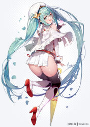 Rule 34 | 1girl, aqua eyes, aqua hair, ass, bare shoulders, beret, boots, breasts, dress, fingerless gloves, from behind, full body, gloves, hat, hatsune miku, heart, high heel boots, high heels, highres, hong (white spider), leaning forward, long hair, looking at viewer, looking back, medium breasts, nape, open mouth, race queen, racing miku, racing miku (2023), sideboob, sideless outfit, smile, solo, thigh boots, twintails, umbrella, very long hair, vocaloid