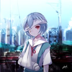 Rule 34 | 1girl, absurdres, arm sling, ayanami rei, bandage over one eye, bandaged arm, bandages, bee doushi, blue hair, blue skirt, blue sky, building, cast, collarbone, collared shirt, commentary, crane (machine), day, head tilt, highres, looking at viewer, neck ribbon, neon genesis evangelion, outdoors, parted lips, red eyes, red ribbon, ribbon, shirt, short sleeves, signature, skirt, sky, skyscraper, solo, utility pole, white shirt
