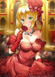 Rule 34 | 1girl, ahoge, bad id, bad pixiv id, bare shoulders, blonde hair, bow, closed mouth, collarbone, dress, fate/grand order, fate (series), flower, gloves, green eyes, h shai, hair bow, hair flower, hair intakes, hair ornament, holding, holding flower, idol emperor, jewelry, looking at viewer, necklace, nero claudius (fate), nero claudius (fate) (all), nero claudius (fate/extra), official alternate costume, petals, pinstripe pattern, red bow, red flower, red gloves, red rose, rose, rose petals, short hair, smile, solo, strapless, strapless dress, striped, striped bow, upper body