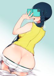 Rule 34 | 1girl, :d, anus, ass, barefoot, blue hair, blush, breasts, butt crack, clothes pull, commentary request, covering own eyes, dutch angle, feet, full body, highres, idolmaster, idolmaster million live!, kitakami reika, long hair, medium breasts, minakamirin, no panties, open mouth, seiza, shirt, shorts, shorts pull, side ponytail, sitting, sleeveless, sleeveless shirt, smile, soles, solo, taking picture, very long hair, white shorts, yellow shirt