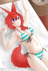 Rule 34 | 1girl, animal ear fluff, animal ears, arm up, bare shoulders, bikini, blue bikini, blue eyes, blush, breasts, chestnut mouth, cleavage, clenched hand, collarbone, cup, drink, drinking glass, female focus, fox ears, fox girl, fox tail, front-tie bikini top, front-tie top, groin, hair between eyes, hand up, indoors, legs together, light blush, long hair, looking at viewer, lying, medium breasts, navel, on back, on bed, open mouth, original, pillow, red hair, rokugatsu (mutuki rokugatu), side-tie bikini bottom, solo, stomach, striped bikini, striped clothes, swimsuit, tail, teeth, water