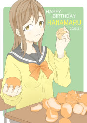 Rule 34 | 1girl, absurdres, artist name, artist request, blush, bow, bowtie, breasts, brown eyes, brown hair, buttons, cardigan, chair, collarbone, eating, eyebrows, female focus, food, fruit, grey sailor collar, hair between eyes, highres, holding, holding food, kunikida hanamaru, light brown hair, long hair, long sleeves, looking at viewer, love live!, love live! sunshine!!, on chair, orange (fruit), orange bow, parted lips, sailor collar, school uniform, sitting, skirt, sleeves past wrists, small breasts, smile, solo, sweater, table, upper body, uranohoshi school uniform, vest, yellow cardigan, yellow eyes, yellow sweater