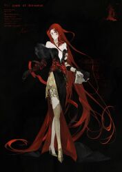Rule 34 | 1girl, absurdres, bare shoulders, black background, black dress, black gloves, breasts, closed mouth, dress, elbow gloves, english text, full body, gloves, headpiece, high heels, highres, iotaectoplasm, long hair, long sleeves, looking at viewer, original, pale skin, poem, red eyes, red hair, sidelocks, simple background, single elbow glove, single thighhigh, small breasts, solo, standing, tachi-e, thighhighs, very long hair, watermark, yellow footwear, yellow thighhighs