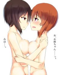 Rule 34 | 10s, 2girls, arm grab, asymmetrical docking, blush, breast press, breasts, brown eyes, brown hair, chikiharu, from side, girls und panzer, hands on another&#039;s shoulders, hug, incest, looking at another, medium breasts, multiple girls, nishizumi maho, nishizumi miho, nude, open mouth, parted lips, short hair, simple background, sitting, standing, translated, upper body, white background, yuri