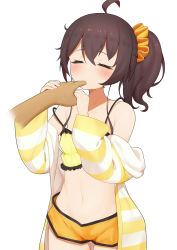 Rule 34 | 1girl, absurdres, bare shoulders, blush, brown hair, camisole, closed eyes, commentary request, cowboy shot, finger sucking, frilled camisole, frills, hair between eyes, hair ornament, hair scrunchie, hand grab, highres, hololive, jacket, long sleeves, lunch boxer, midriff, natsuiro matsuri, natsuiro matsuri (matsuri&#039;s day off), navel, open clothes, open jacket, pov, pov hands, scrunchie, short shorts, shorts, side ponytail, simple background, standing, strap slip, striped clothes, striped jacket, virtual youtuber, white background, yellow shorts