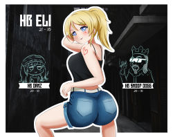 Rule 34 | 1girl, :p, absurdres, artist name, artist request, ayase eli, bare legs, bare shoulders, belt, black shirt, blonde hair, blue eyes, blue pants, blue shorts, blush, breasts, danzfloor, facial mark, female focus, from behind, hair between eyes, heart, heart tattoo, high ponytail, highres, long hair, looking at viewer, looking back, love live!, love live! school idol project, medium breasts, pants, parted lips, ponytail, shirt, short hair, shorts, shoulder tattoo, smile, solo, squatting, tattoo, tongue, tongue out, white belt