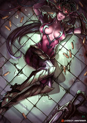Rule 34 | 1girl, armor, black hair, bodysuit, breasts, center opening, colored skin, greaves, gun, head-mounted display, kachima, large breasts, long hair, lying, on back, overwatch, overwatch 1, ponytail, purple skin, rifle, shell casing, sniper rifle, solo, tile floor, tiles, weapon, widowmaker (overwatch), yellow eyes