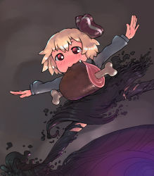 Rule 34 | 1girl, black dress, blonde hair, boned meat, commentary request, darkness, dress, fang, fang out, food, food in mouth, freckles, full body, grey background, hair ribbon, long sleeves, meat, mouth hold, outstretched arms, red eyes, red ribbon, ribbon, rumia, shirt, short hair, solo, spread arms, touhou, white shirt, yst