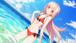 Rule 34 | 1girl, bikini, blush, bow, bow bikini, breasts, cloud, contrapposto, day, dutch angle, game cg, long hair, looking at viewer, navel, orange eyes, outdoors, pink hair, red bikini, small breasts, smile, solo, sparkle, standing, swimsuit, tengoku hime 2, very long hair, wading, yangsion