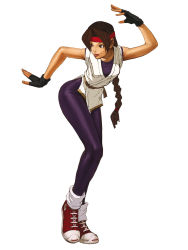 Rule 34 | 1girl, :p, braid, brown hair, converse, dougi, fingerless gloves, gloves, headband, highres, leaning forward, long hair, loose socks, nona, official art, ryuuko no ken, shoes, single braid, sneakers, snk, socks, solo, spandex, taunting, the king of fighters, the king of fighters 2002, tongue, tongue out, yuri sakazaki