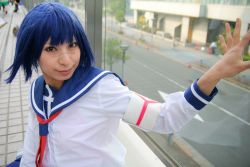 Rule 34 | ari (model), blue hair, busou renkin, cosplay, photo (medium), school uniform, serafuku, tsumura tokiko