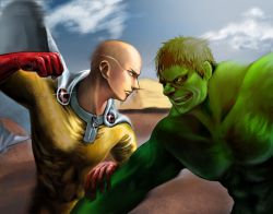 Rule 34 | 2boys, bald, cape, colored skin, crossover, epic, green skin, highres, hulk, incoming attack, incoming punch, male focus, marvel, multiple boys, one-punch man, punching, ryuu (nbrnsk), saitama (one-punch man), sky, superhero costume