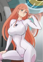 Rule 34 | 1girl, aida rayhunton, bodysuit, breasts, covered navel, double vertical stripe, frown, g-self, green eyes, gundam, gundam g no reconguista, hair down, hand on own knee, holding, holding own hair, large breasts, looking at viewer, mecha, mitsutsu322, mobile suit, pilot suit, pink bodysuit, pink hair, robot, solo, white bodysuit