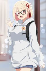 Rule 34 | 1girl, :d, backpack, bag, bespectacled, black-framed eyewear, blonde hair, blue shorts, blush, bob cut, casual, commentary request, cowboy shot, dars (recolors), glasses, hair ribbon, highres, hood, hoodie, long sleeves, looking at viewer, lycoris recoil, nishikigi chisato, open mouth, red eyes, red ribbon, ribbon, short hair, shorts, sleeves past wrists, smile, solo, standing, teeth, upper teeth only, utility pole, waving, white hoodie