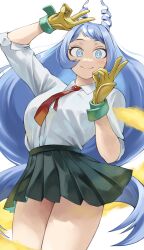 Rule 34 | 1girl, absurdres, black socks, blue eyes, blue hair, boku no hero academia, closed mouth, collared shirt, double v, drill hair, energy, fengling (furin-jp), gloves, green skirt, hadou nejire, hair horns, hands up, highres, kneehighs, light blue hair, long hair, looking at viewer, miniskirt, necktie, red necktie, school uniform, shirt, shirt tucked in, simple background, skirt, smile, socks, solo, twin drills, u.a. school uniform, uniform, v, white background, white shirt, yellow gloves
