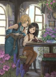 Rule 34 | 1boy, 1girl, book, book stack, boots, drawing (object), final fantasy, final fantasy ix, flower, garnet til alexandros xvii, gloves, highres, looking at another, plant, portrait (object), sitting, smile, soraoyogusakana, table, zidane tribal