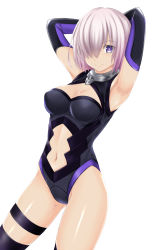 Rule 34 | 1girl, armpits, arms behind head, black leotard, black thighhighs, breasts, cleavage, clothing cutout, covered erect nipples, dutch angle, fate/grand order, fate (series), hair over one eye, highres, leotard, looking at viewer, mash kyrielight, medium breasts, midriff, navel, navel cutout, nonaka ritsu, purple eyes, shiny skin, short hair, silver hair, simple background, smile, solo, stomach, thighhighs, wet, white background