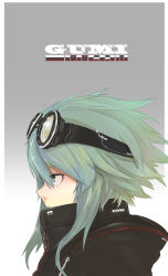 Rule 34 | 1girl, character name, eyelashes, facing away, from side, goggles, goggles on head, gradient background, green eyes, green hair, gumi, highres, hood, hoodie, looking away, outside border, portrait, short hair, short hair with long locks, sketch, solo, tokiti, vocaloid