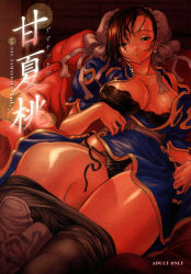 Rule 34 | 1girl, breasts, bun cover, capcom, china dress, chinese clothes, chun-li, double bun, dress, highres, large breasts, nipples, pantyhose, pelvic curtain, solo, street fighter, thick thighs, thighs, youshu ohepe
