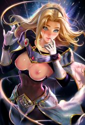 Rule 34 | 1girl, absurdres, armor, blonde hair, blue eyes, blush, breasts, breasts out, covered navel, female focus, finger to mouth, freckles, gloves, hairband, highres, league of legends, lips, long hair, looking at viewer, lux (league of legends), narrow waist, nipples, sakimichan, smile, solo