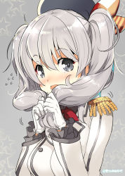 Rule 34 | 10s, 1girl, commentary request, epaulettes, flying sweatdrops, frilled sleeves, frills, gloves, hat, holding, holding hair, kantai collection, kashima (kancolle), naitou ryuu, grey eyes, silver hair, solo, twintails, twitter username, uniform