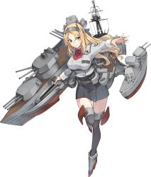 Rule 34 | 1girl, blonde hair, blue eyes, breasts, full body, headgear, kantai collection, konishi (koconatu), large breasts, long hair, machinery, military, military uniform, nelson (kancolle), official art, outstretched arm, solo, thighhighs, transparent background, turret, uniform, weapon, zettai ryouiki