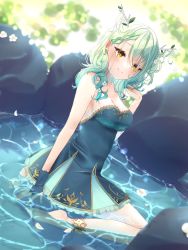 Rule 34 | 1girl, antlers, armpit peek, bare shoulders, braid, braided bangs, branch, breasts, ceres fauna, cleavage, collarbone, green hair, highres, holocouncil, hololive, hololive english, horns, large breasts, looking at viewer, medium hair, nail polish, reiny, sideboob, single braid, smile, solo, standing, virtual youtuber, wavy hair, yellow eyes
