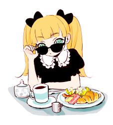 Rule 34 | 1girl, adjusting eyewear, aqua eyes, arm rest, bacon, black bow, blonde hair, blunt bangs, bow, breakfast, closed mouth, coffee, creamer (vessel), croissant, cup, dated commentary, drink, elbow rest, food, frilled shirt collar, frilled sleeves, frills, hair bow, hand on eyewear, hand up, highres, idolmaster, idolmaster cinderella girls, iwashi iwashimo, long hair, looking at viewer, looking over eyewear, mary cochran, meal, plate, puffy short sleeves, puffy sleeves, salad, saucer, short sleeves, simple background, solo, sugar bowl, sunglasses, teacup, twintails, upper body, white background