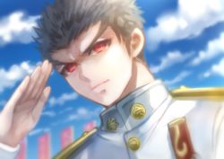 Rule 34 | 1boy, black hair, blue sky, buttons, chiko (d04099), closed mouth, cloud, collar, danganronpa (series), day, epaulettes, ishimaru kiyotaka, long sleeves, looking at viewer, male focus, outdoors, red eyes, salute, short hair, sky, solo, spiked hair, upper body
