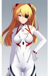 Rule 34 | 1girl, absurdres, artist request, blue eyes, bodysuit, breasts, evangelion: 3.0+1.0 thrice upon a time, eyepatch, gradient background, grey background, hand on own hip, highres, long hair, looking at viewer, medium breasts, neon genesis evangelion, orange hair, plugsuit, rebuild of evangelion, shiny clothes, shiny skin, simple background, skin tight, solo, souryuu asuka langley, standing, thighs, twintails, two side up, white bodysuit